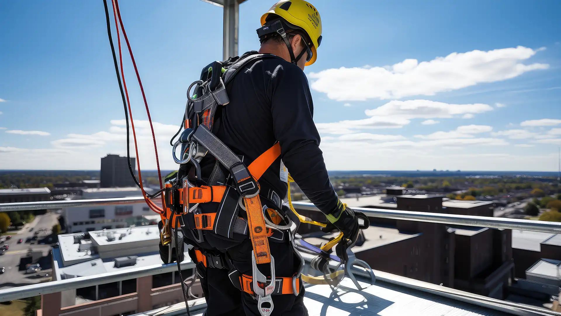 A worker at height ensures safety by using a double leg lanyard.