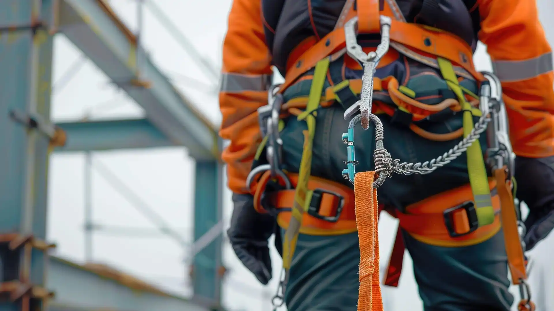 Yüksekte çalışan bir işçi, emniyet kemeri ve lanyard ile güvenli şekilde konumlanmış.