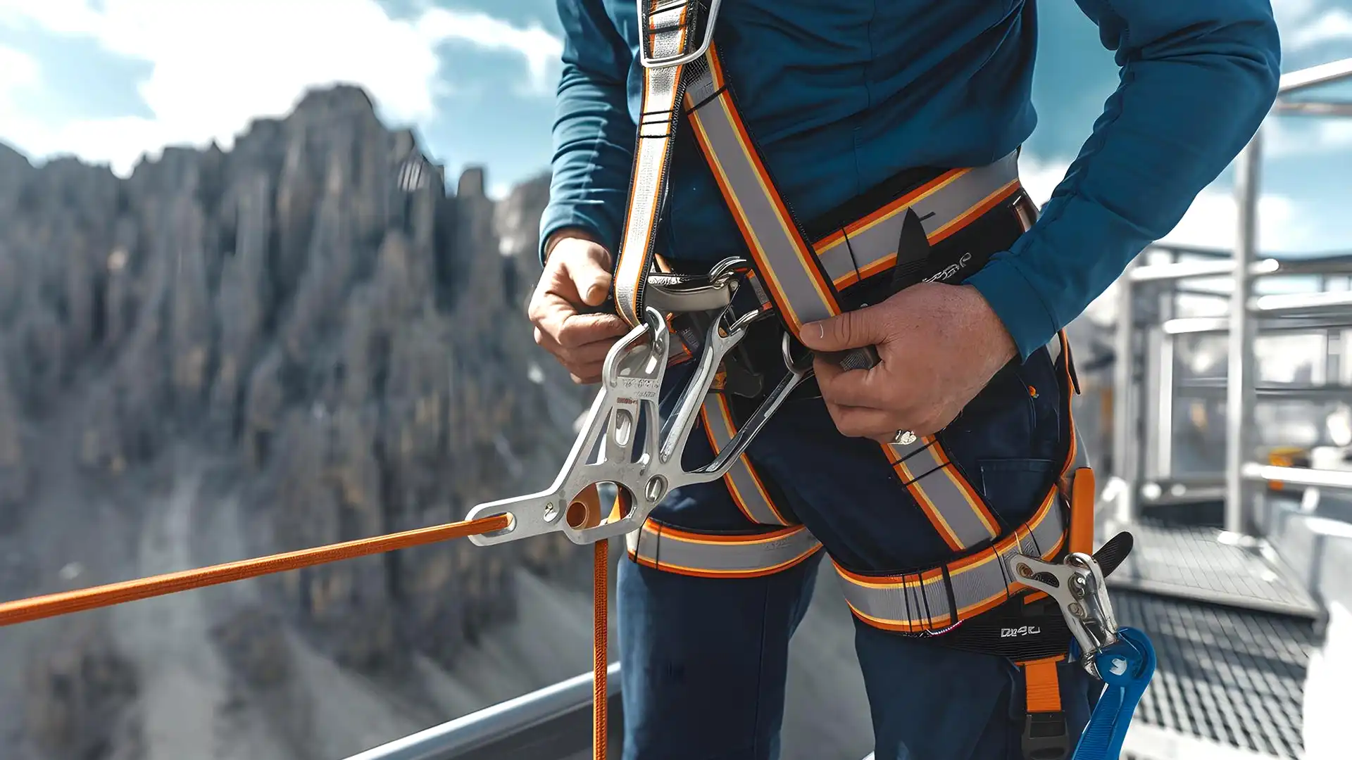 Turuncu şok emicili lanyard ve emniyet kemeri ile dağlık bir bölgede yüksekte çalışan bir işçi