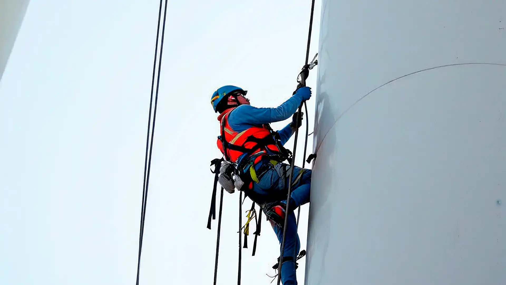 Technician working on a vertical surface using an energy absorbing lanyard and a full body harness.