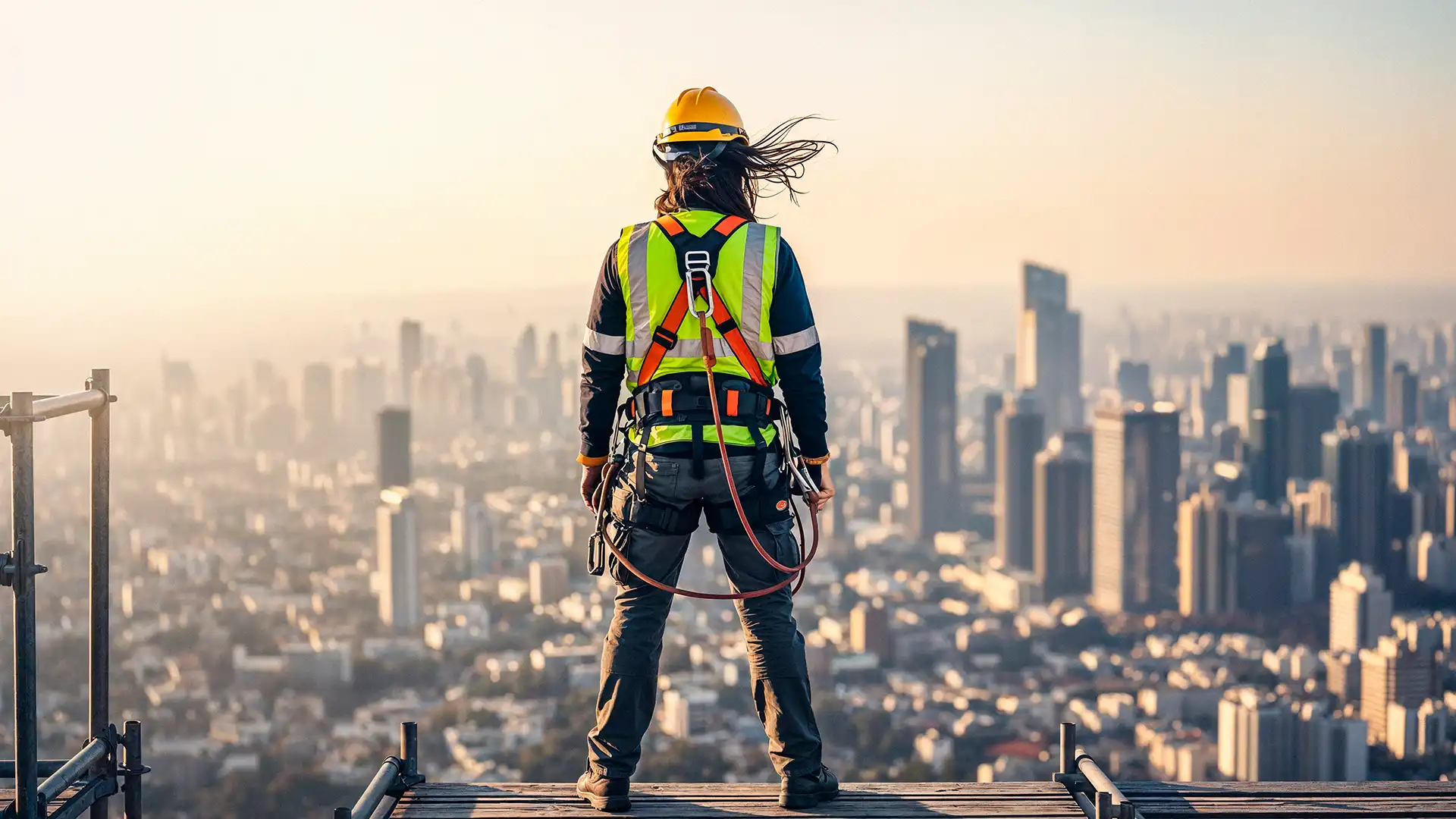 Yüksekte tam vücut emniyet kemeri ve şok emicili lanyard ile çalışan işçi.
