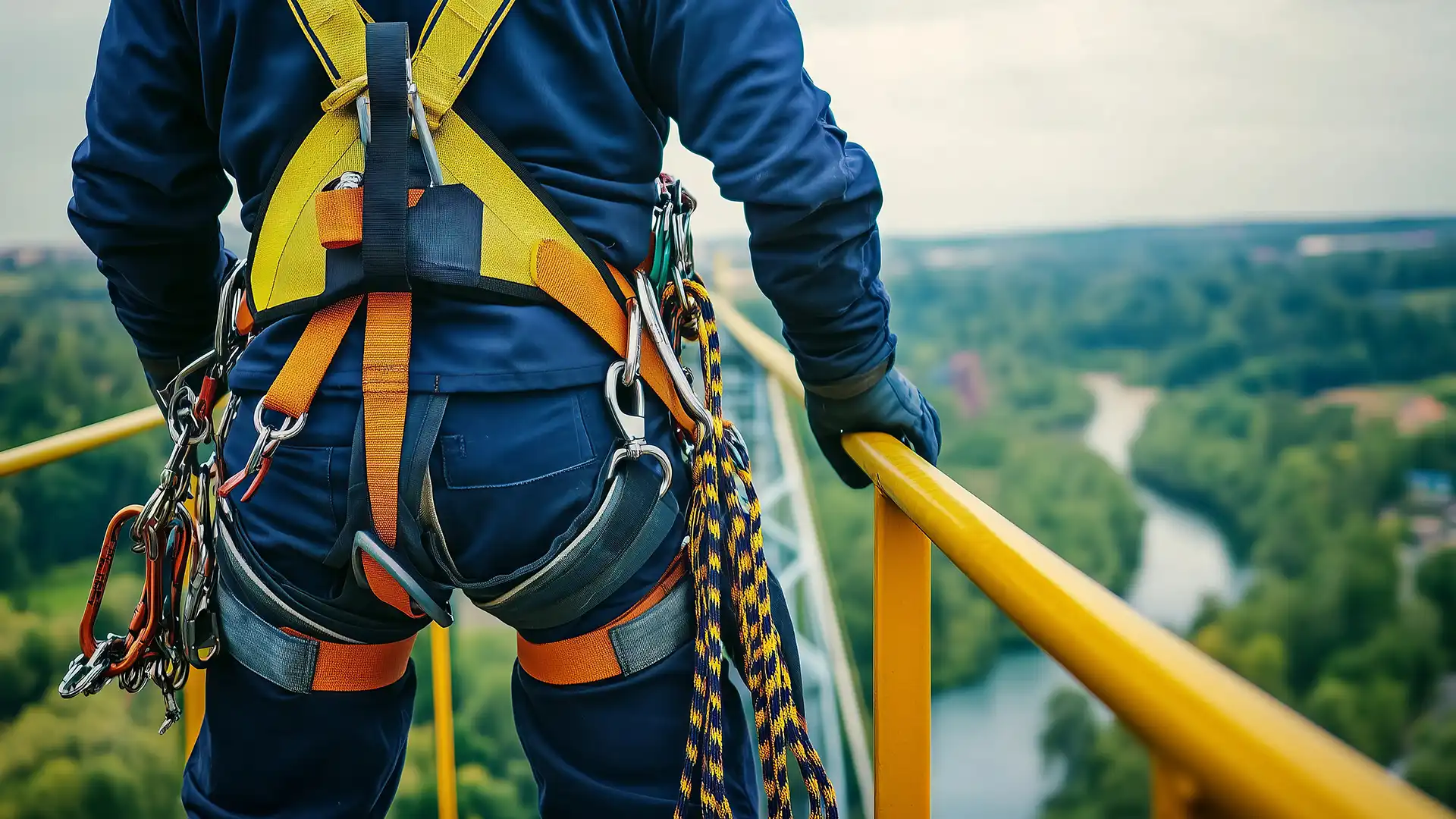Şok emicili lanyard ve tam vücut emniyet kemeri kullanan çalışan.