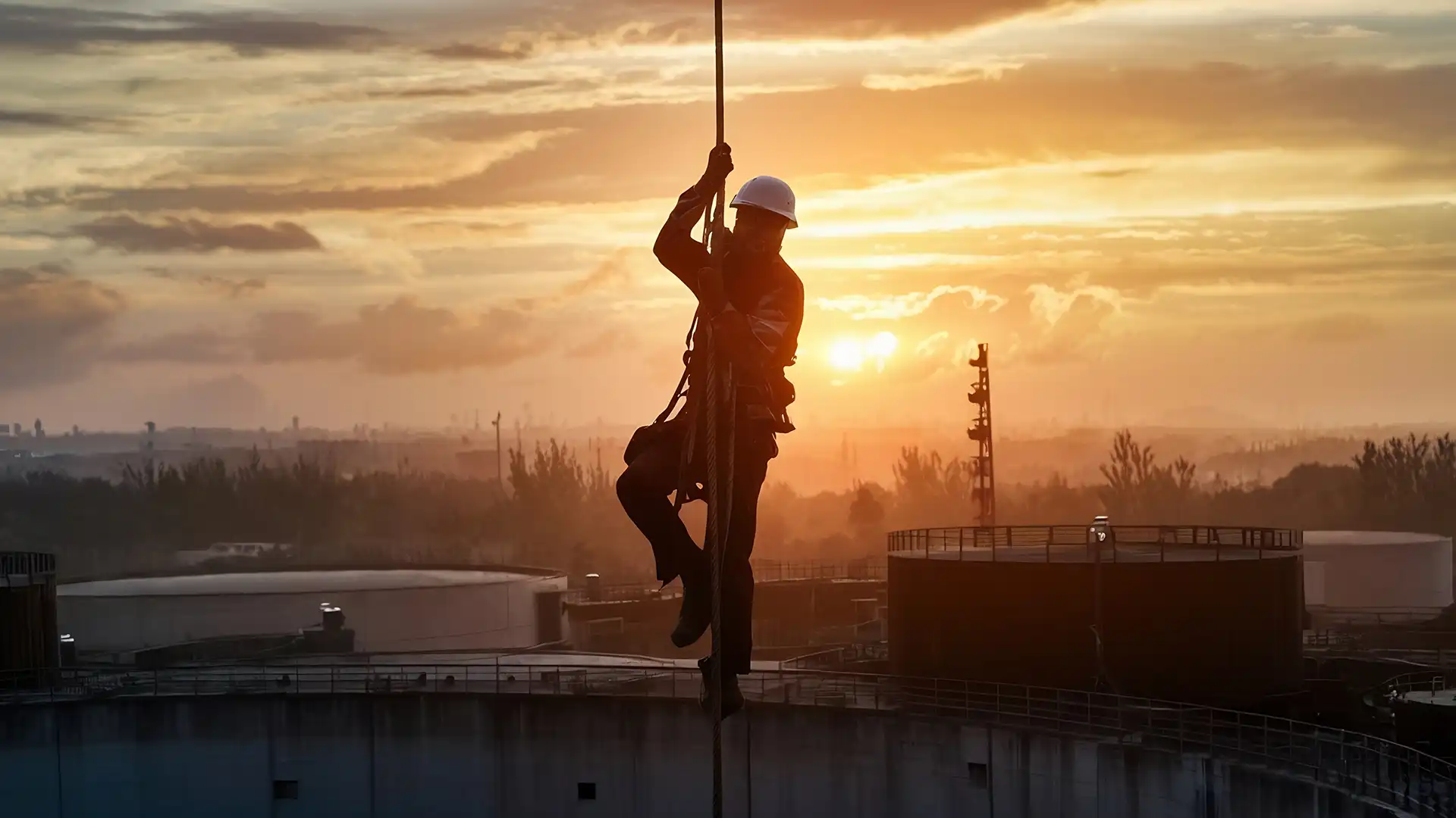 Silhouette of a worker working at height using a retractable fall arrester