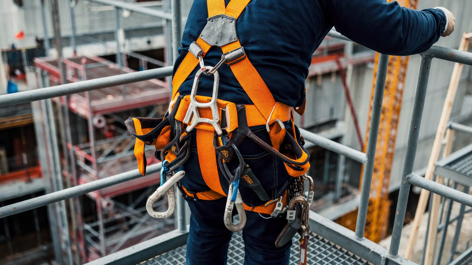 Lanyard ve emniyet kemeri kullanan, iskele üzerinde yüksekte çalışan işçi
