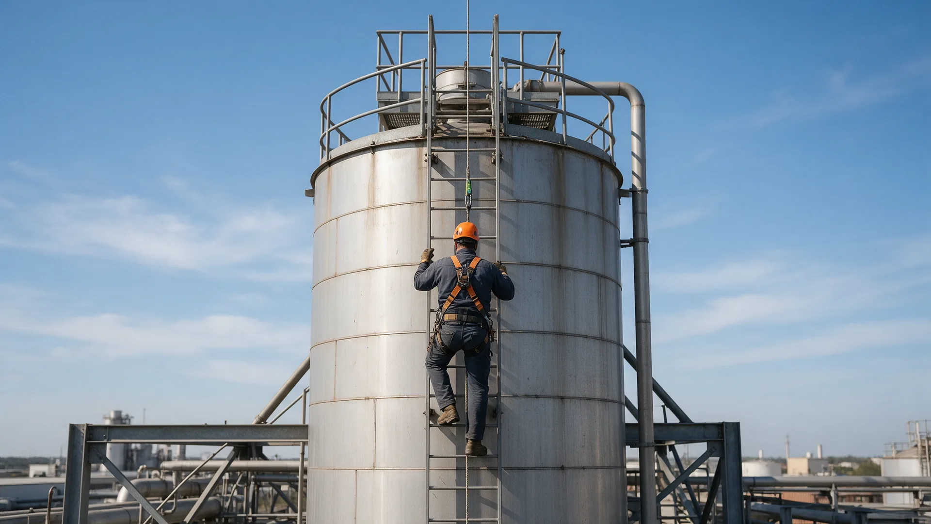 Endüstriyel silo merdiveninde dikey yaşam hattına halat tutucuyla bağlı tırmanan baretli işçi